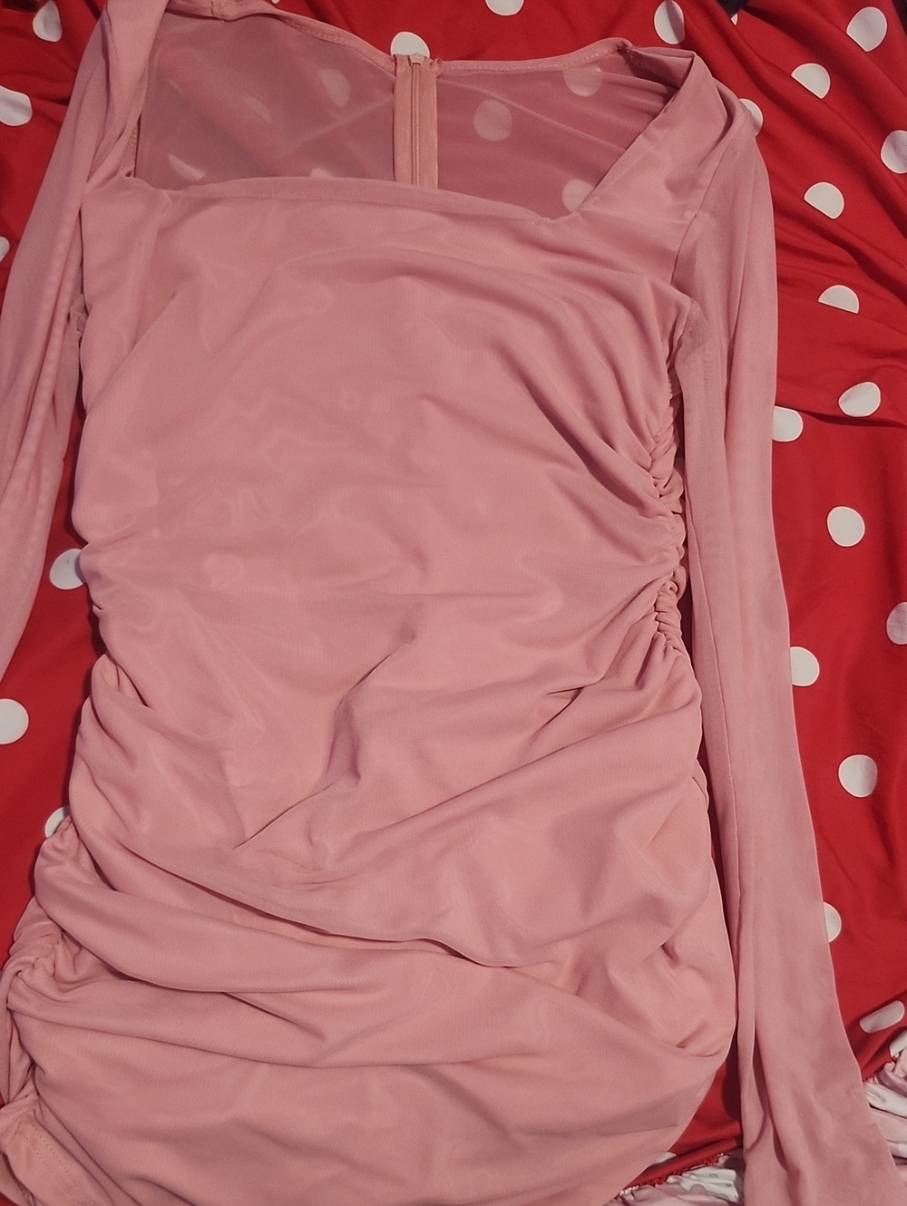 Women’s Long Sleeve Ruched Square Neck Dress in Dusty Pink